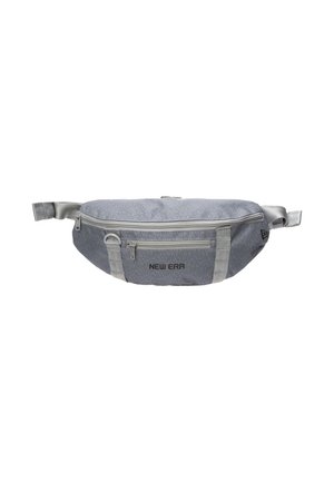 Gray fabric waist bag with two zipped compartments, adjustable strap, metal ring, and "NEW ERA" logo on the front pocket.