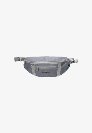 Gray fabric waist bag with two zipped compartments, adjustable strap, metal ring, and "NEW ERA" logo on the front pocket.