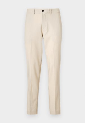 Beige skræddersyede bukser med en glat overflade, der har knaplukning foran, flad frontdesign og lige ben. Ingen synlige lommer.