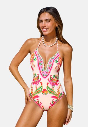 Swimsuit with a deep V-neck, floral pattern in pink, orange, and green on a light background, halter straps, and a fitted shape.