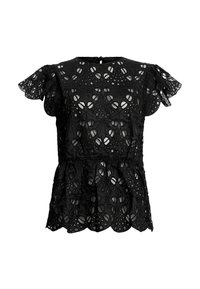 Black lace top featuring short ruffled sleeves, a scalloped hem, and intricate cut-out designs. The fabric has a textured finish.