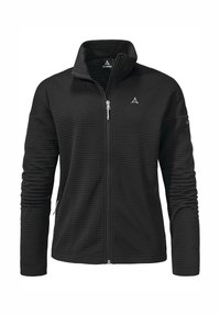 Schwarze Fleecejacke mit Reißverschluss, strukturiertem Rippdesign, Stehkragen und Logo auf der Brust. Verfügt über Seitentaschen und lange Ärmel.