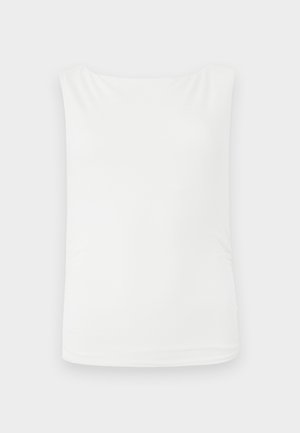 Valkoinen hihaton paita, joka on valmistettu sileästä kankaasta. Paidan leikkaus on rento ja siinä on pyöreä kaula-aukko. Ei kuvioita tai koristeluja.