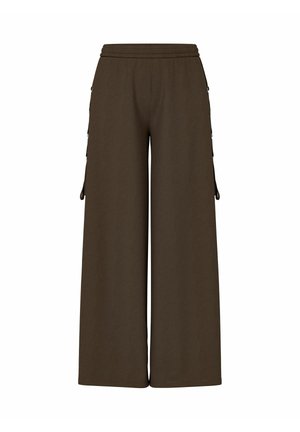 Bruine wijde broek met elastische tailleband en zijknopdetails, van voren getoond op een witte achtergrond.
