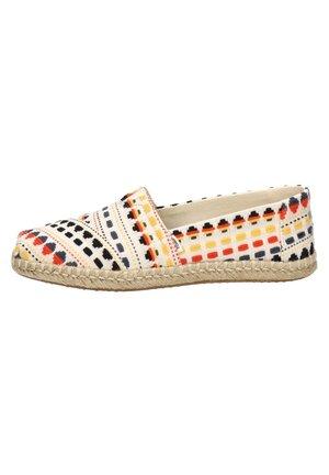 Slip-on espadrille sko med vævet flerfarvet mønster i sort, rød, gul og grå på cremefarvet stof og fletet jutesål.