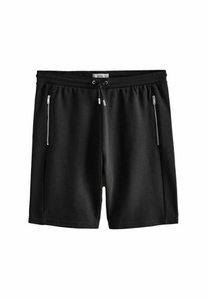 Pantaloni scurți casual negri cu talie ajustabilă prin șnur și două buzunare verticale cu fermoar în față.