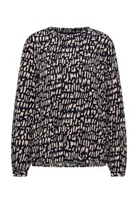 Tummansininen pitkähihaisen paita, jossa on kontrastivärinen, vaalea abstrakti kuvio. Paidassa on pyöreä pääntie ja joustava helma, joka takaa rennon istuvuuden.