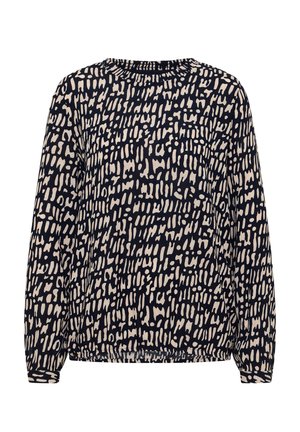 Marinblå långärmad topp med ett kontrasterande krämfärgat abstrakt mönster, med rund halsringning och elastisk fåll för en ledig passform.