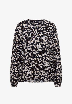 Marinblå långärmad topp med ett kontrasterande krämfärgat abstrakt mönster, med rund halsringning och elastisk fåll för en ledig passform.