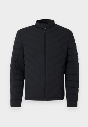 Chaqueta acolchada negra con cuello alto, patrón de rombos acolchado, cierre de cremallera completo y puños acanalados. Diseño ligero y elegante.