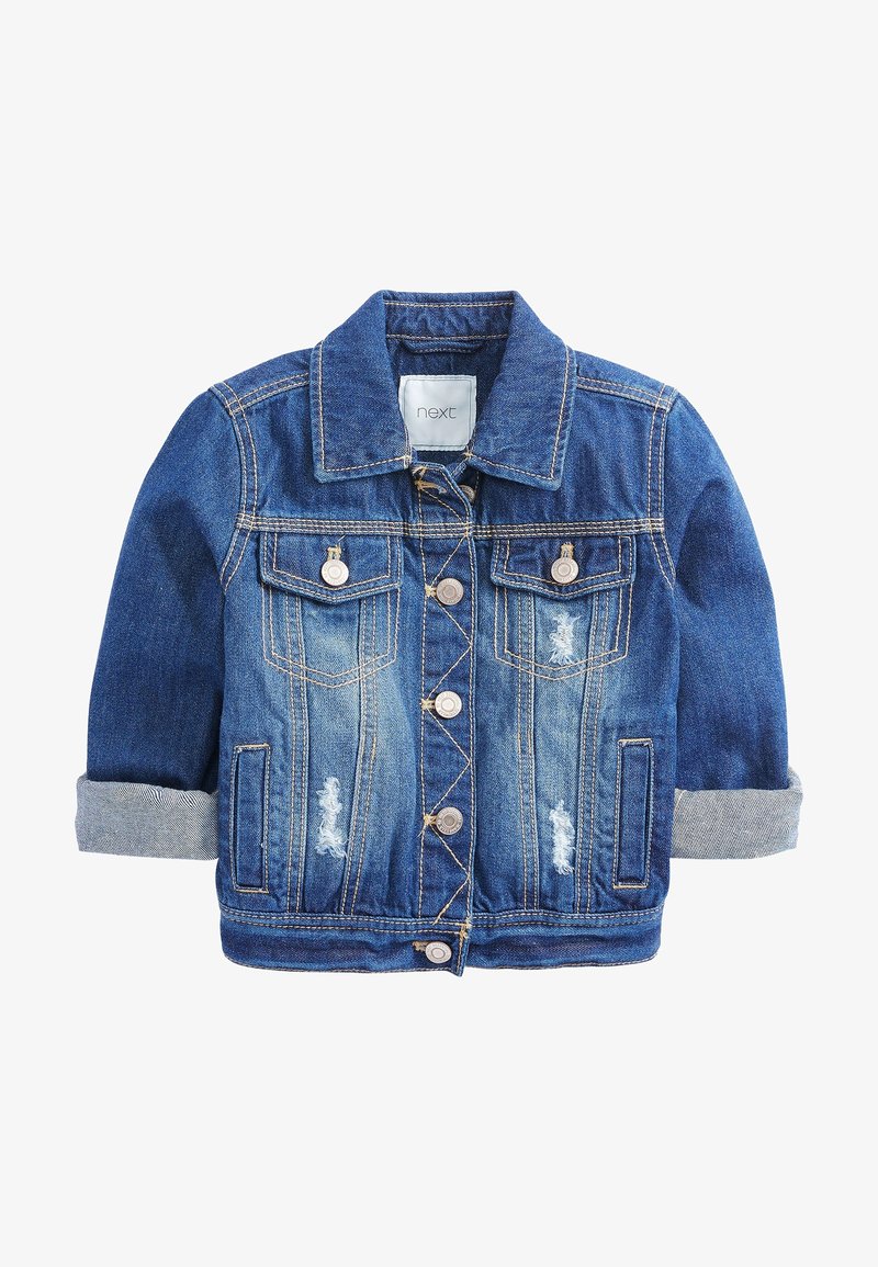 Veste en jean bleue avec fermeture boutonnée devant, deux poches poitrine, manches retroussées et détails usés sur les panneaux avant.
