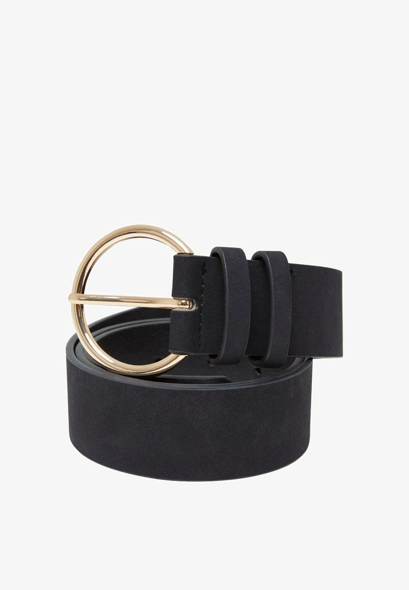 Black suede belt with a round gold-tone buckle. The strap is wide, featuring double leather loops for secure fastening and minimal stitching.