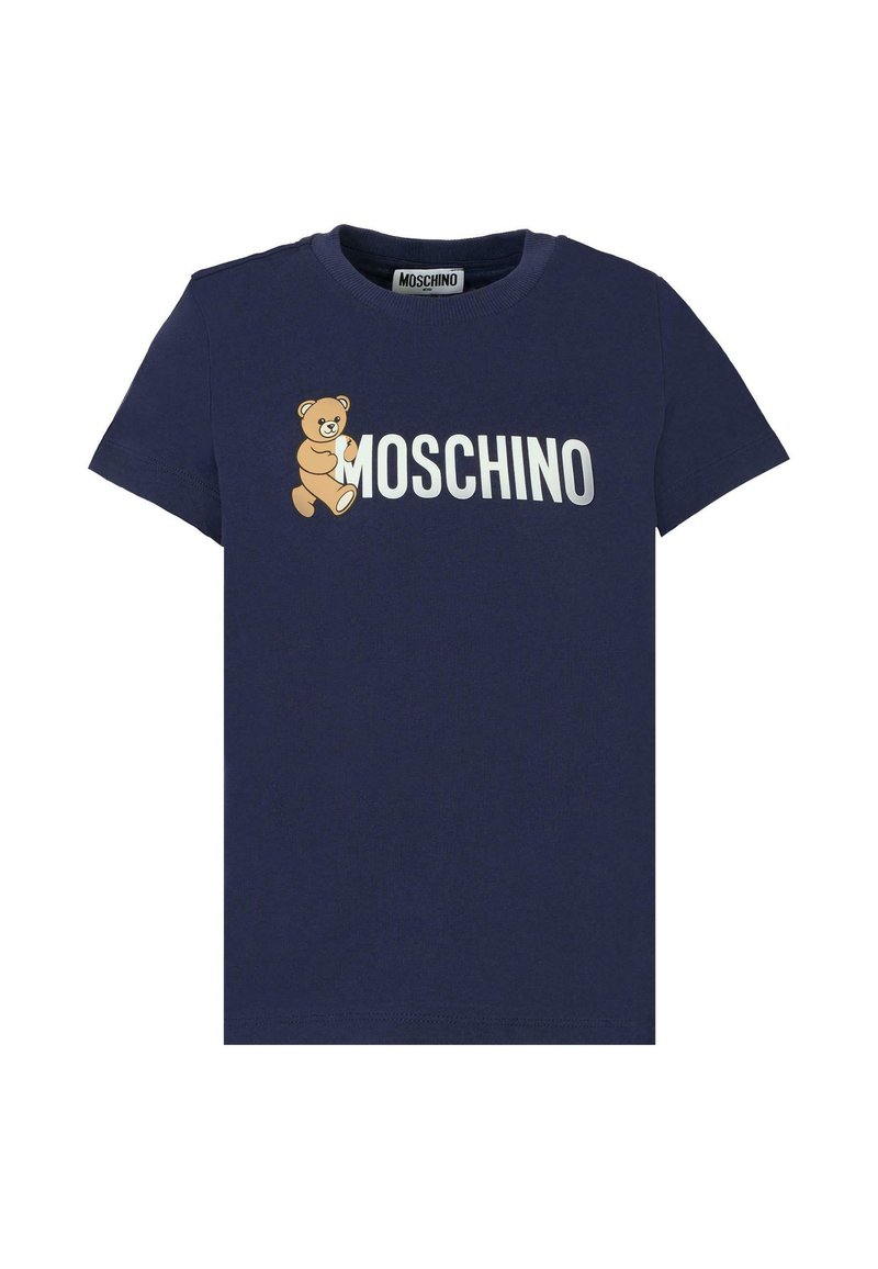 Granatowa bawełniana koszulka z okrągłym dekoltem, z grafiką niedźwiedzia i białym napisem "MOSCHINO". Krótkie rękawy, swobodny fason.