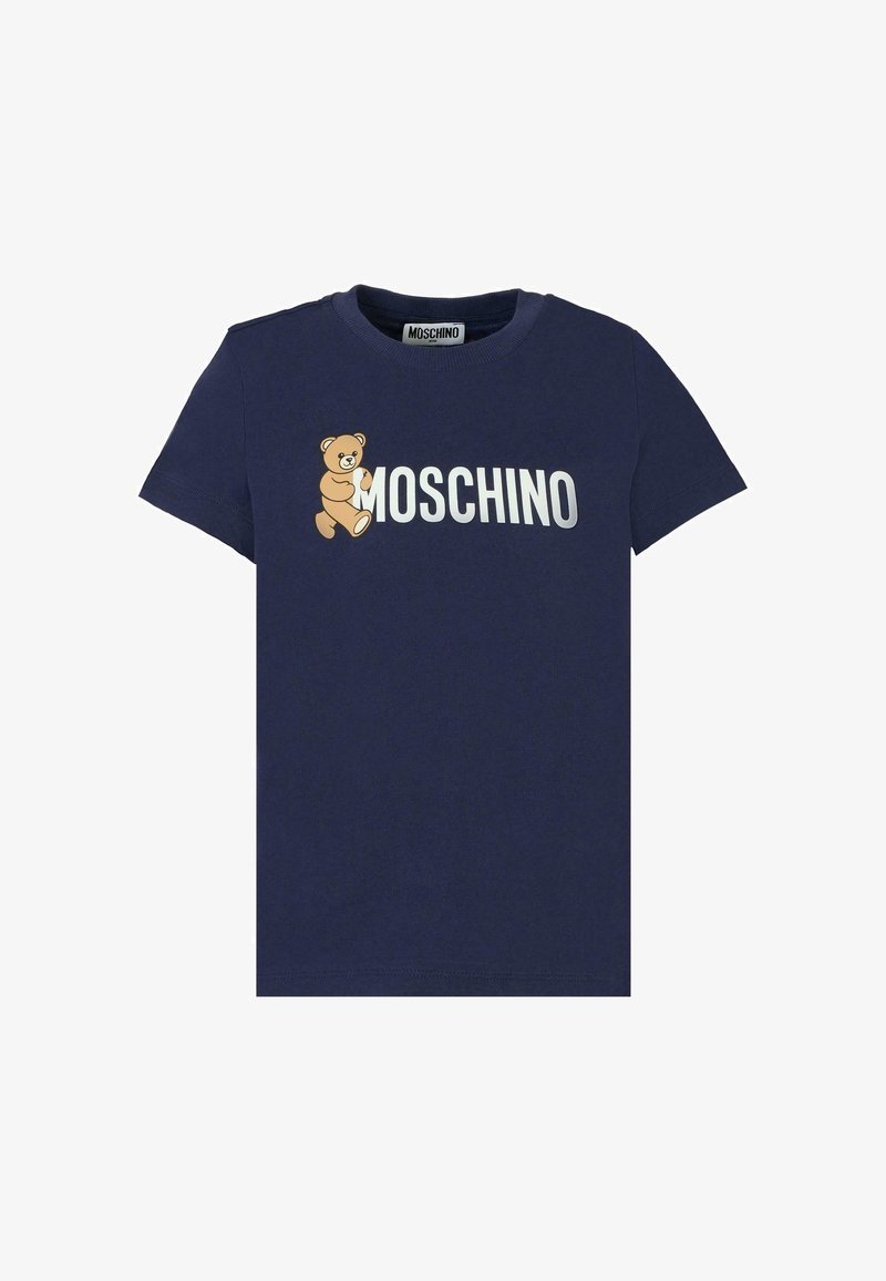 Granatowa bawełniana koszulka z okrągłym dekoltem, z grafiką niedźwiedzia i białym napisem "MOSCHINO". Krótkie rękawy, swobodny fason.