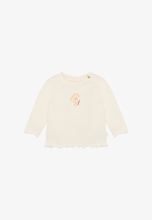 Crèmekleurig shirt met lange mouwen en een afgezette zoom, met een lichtgekleurde afbeelding van een ijsje in een hoorntje met een glimlachend gezicht en tekst erboven.