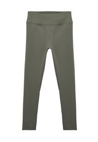 Olivgröna leggings tillverkade av elastiskt tyg. Hög midja, slät yta och inga synliga mönster eller hårdvara. Designade för komfort.