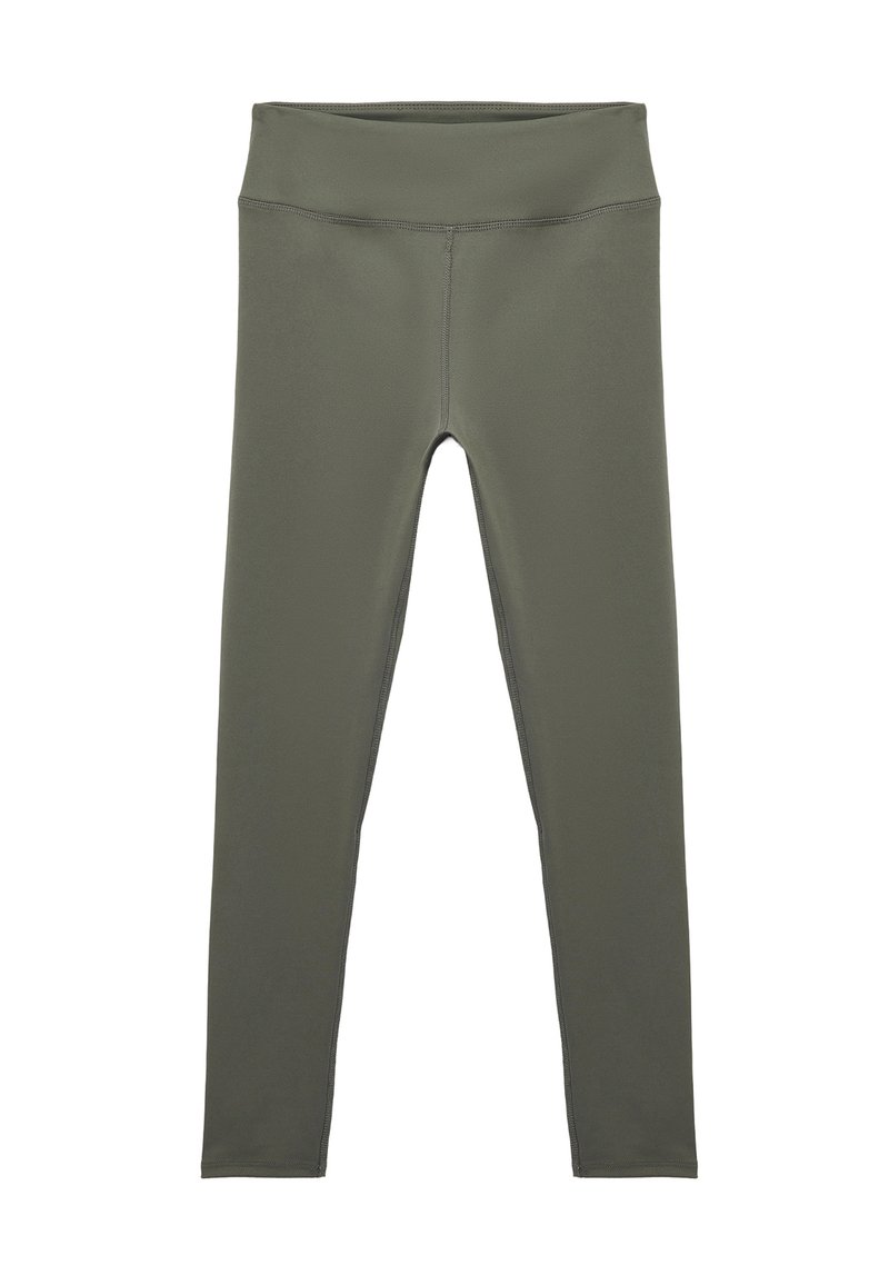 Olivgröna leggings tillverkade av elastiskt tyg. Hög midja, slät yta och inga synliga mönster eller hårdvara. Designade för komfort.