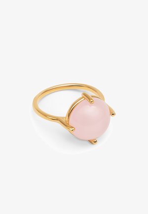 Goldring mit einem glatten, runden, rosa Stein. Der Ring ist schmal und verfügt über vier spitz zulaufende Akzente, die den Stein sicher halten.