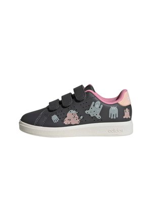 Schwarzer Adidas Kindersneaker mit rosafarbenem Innenfutter, drei Klettverschlüssen und cartoonartigen Geist- und Monsterillustrationen an der Seite.