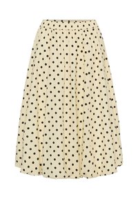 Krém színű midi szoknya fekete pöttyökkel, ráncolt gumis derékrésszel és légies, pliszírozott kialakítással.