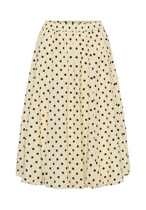 Krém színű midi szoknya fekete pöttyökkel, ráncolt gumis derékrésszel és légies, pliszírozott kialakítással.