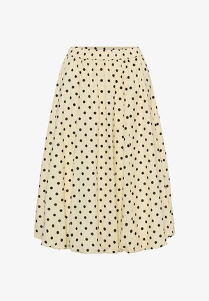 Krém színű midi szoknya fekete pöttyökkel, ráncolt gumis derékrésszel és légies, pliszírozott kialakítással.