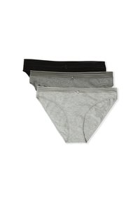 Tres bragas de algodón para mujer en negro, gris oscuro y gris claro, cada una con un pequeño lazo en la parte frontal y un detalle de cinturilla a rayas.