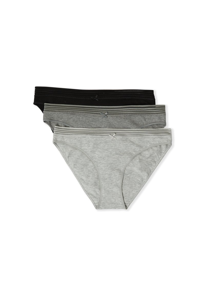 Tres bragas de algodón para mujer en negro, gris oscuro y gris claro, cada una con un pequeño lazo en la parte frontal y un detalle de cinturilla a rayas.