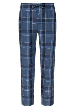 Męskie spodnie dresowe w kratkę w granatowym kolorze z jasnoniebieskimi i czarnymi wzorami. Posiadają elastyczny pas z troczkiem oraz guzik.