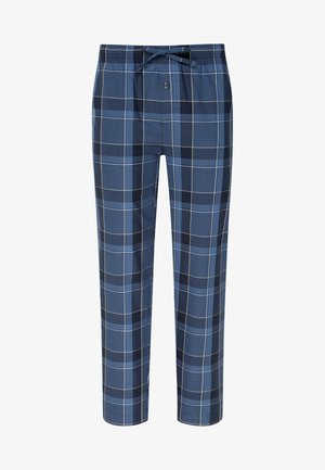 Pantalones de pijama de cuadros para hombre en azul marino con patrones de cuadros en azul claro y negro. Con cinturilla elástica, cordón y un botón.