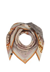 Square silk scarf in muted tones featuring intricate floral and geometric patterns, bordered in orange with a smooth texture.