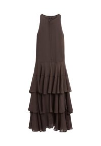 Abito marrone senza maniche con un design a volant a strati, realizzato in tessuto leggero che scorre dolcemente, con un semplice scollo dritto.