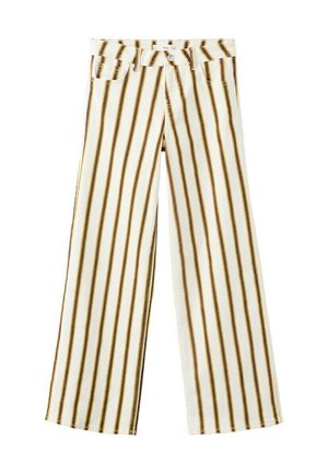 Pantalon blanc à rayures verticales marron et noires, avec poches avant et fermeture par bouton.