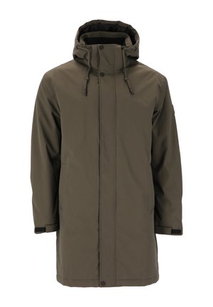 Olivegrüner, wasserdichter Parka mit Kapuze, Front-Reißverschluss und Zugbändern. Verfügt über einen geraden Schnitt und elastische Ärmelsäume.