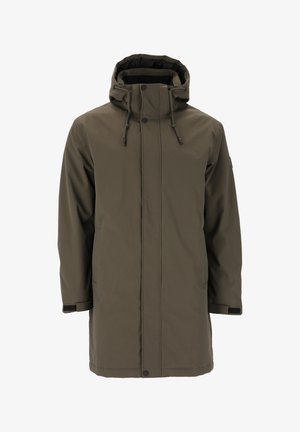 Olivegrüner, wasserdichter Parka mit Kapuze, Front-Reißverschluss und Zugbändern. Verfügt über einen geraden Schnitt und elastische Ärmelsäume.