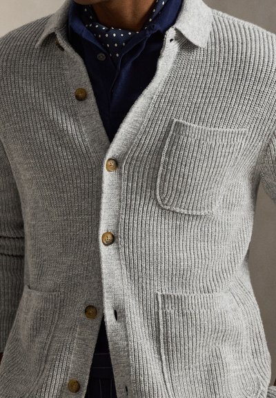 Άνδρας που φοράει ανοιχτό γκρι πλεκτή ζακέτα με καφέ κουμπιά πάνω από σκούρο μπλε πουκάμισο και μπλε μαντήλι με βούλες γύρω από τον λαιμό, εμφανιζόμενος από το μέσο του στήθους και κάτω.