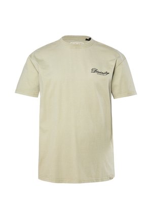 Beige katoen t-shirt met korte mouwen, een ronde hals en kleine zwarte tekst "Divinity STHUGE" op de linkerborst.