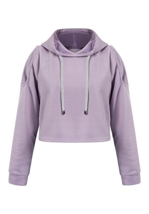 Hanorac crop în material mov deschis, cu glugă mare, șnururi argintii și detalii pe umeri. Textură netedă, mâneci lungi.
