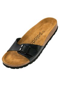 Svart slidesandal med justerbart spänne, kork-mellansula och innersula i brunt mocka. Har en texturerad yta och en solid gummisula.