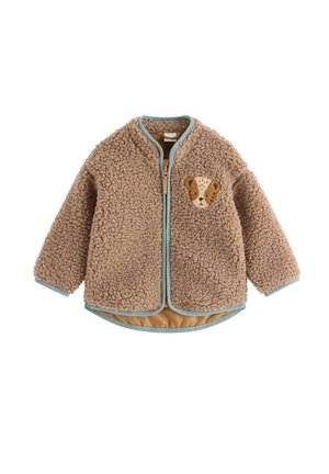 Veste marron duveteuse pour enfants avec bordure bleu clair, fermeture éclair à l'avant et visage d'ours brodé sur la poitrine gauche.