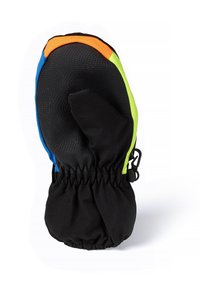 Črna rokavica z teksturirano površino in svetlimi barvnimi akcenti v modri, zeleni in oranžni barvi. Ima nabrane zapestje za varen oprijem.