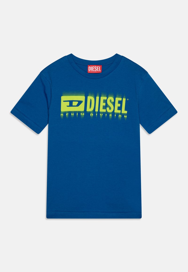 Camiseta de algodón azul con mangas cortas, que presenta un gran logo amarillo de "DIESEL" y el texto "DENIM DIVISION" en una impresión en negrita.