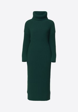 Vestito a coste verde scuro in maglia con collo alto a dolcevita, maniche lunghe e silhouette aderente, di lunghezza fino a metà polpaccio.