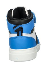 Blauwe en witte hoge sneaker met een zwarte kraag, klittenbandsluiting en een getextureerde rubberen zool. Gestikte accenten en een trekhaak aan de achterkant inbegrepen.