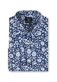 Koszula slim fit w kwiatowy wzór na granatowym tle, z białymi kwiatami i kołnierzykiem zapinanym na guziki. Posiada kieszonkę z przodu oraz metkę.