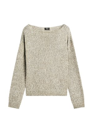 Pull en tricot beige avec un col large, des manches longues et une coupe ample. Le tissu présente un motif texturé et des détails en bord-côte.