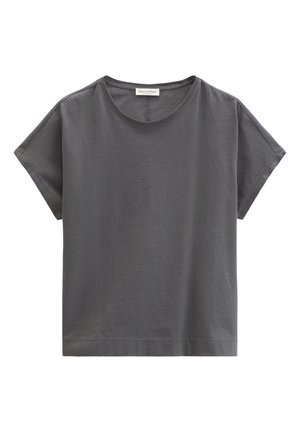 Dunkelgraues kurzärmeliges T-Shirt aus Baumwolle mit Rundhalsausschnitt, lockerer Passform und einem kleinen Stoffetikett innen am Kragen.