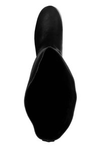 Černé kozáky do kolen vyrobené z hladké kůže s kulatou špičkou a měkkou semišovou podšívkou. Obsahují jednoduchý design a minimální švy.