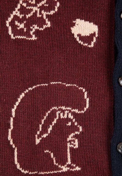 Tissu bordeaux tricoté avec des motifs crème représentant un champignon, un gland et un profil d'Amérindien portant une coiffe à plumes.