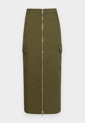 Vojska zelena kratak suknja od mješavine pamuka, središnjim zatvaračem na rajsferšlus i dva bočna džepa za dodatnu korisnost.